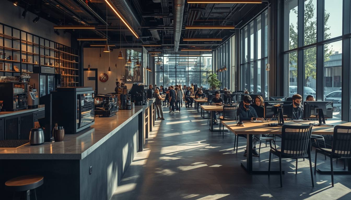 A warm, bright cafe counter with wood tables inside a hybrid gaming lounge