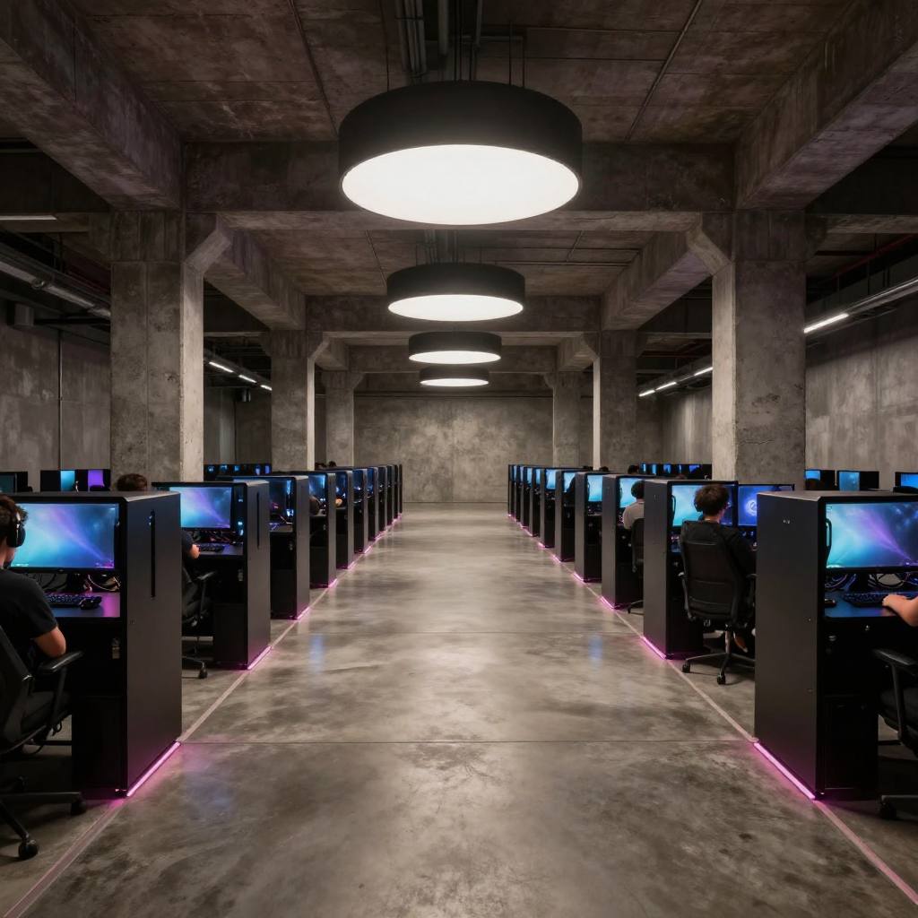 A dim corridor of stations lit by a single round ceiling light