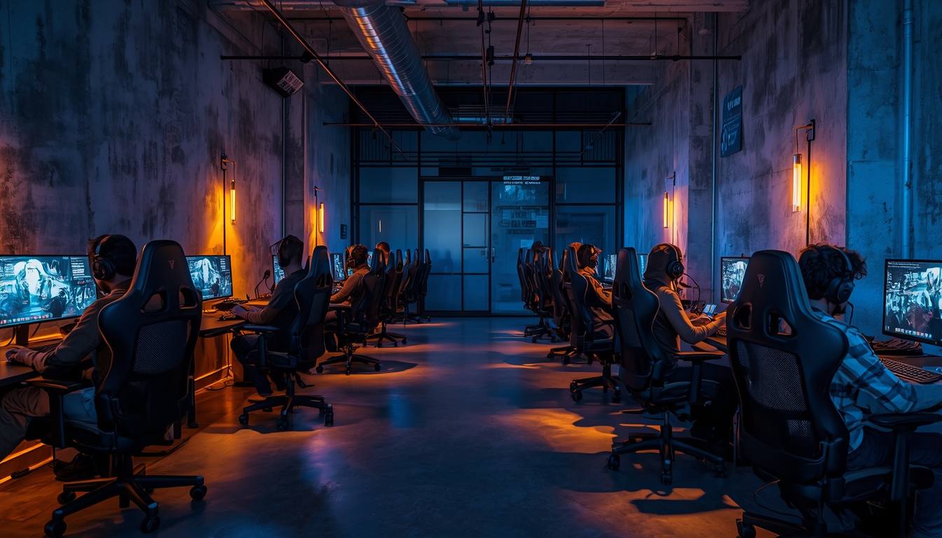Evening view down a warm, industrial-chic gaming lounge with exposed concrete and amber light over the desks